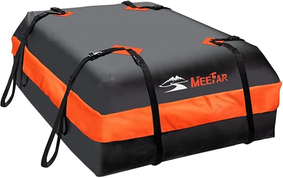 Roof cargo bag with a sleek black and orange design, featuring four securing straps and proudly displaying the brand name "MeeFar" on the side. Perfect for carrying luggage atop your vehicle, this bag is part of our exclusive Monday Deals lineup.