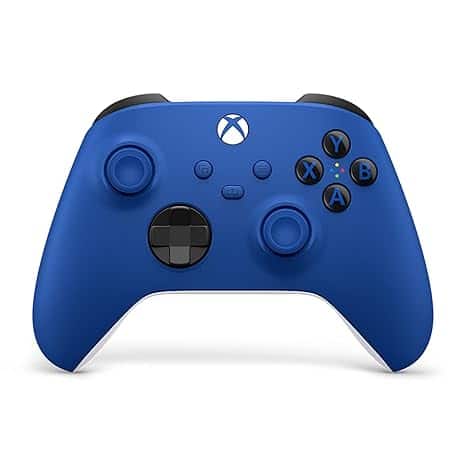 A blue gaming controller with black buttons and thumbsticks, featuring the Xbox logo at the center, is perfect for Thursday Deals. It boasts two shoulder buttons on top and a directional pad on the left.