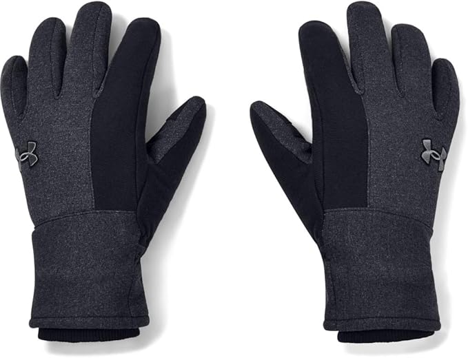 Displayed on a white background, this pair of black Under Armour gloves boasts a sleek, modern design, ideal for cold weather. Perfect for Wednesday Deals, they feature the brand's logo on the back of the hand.