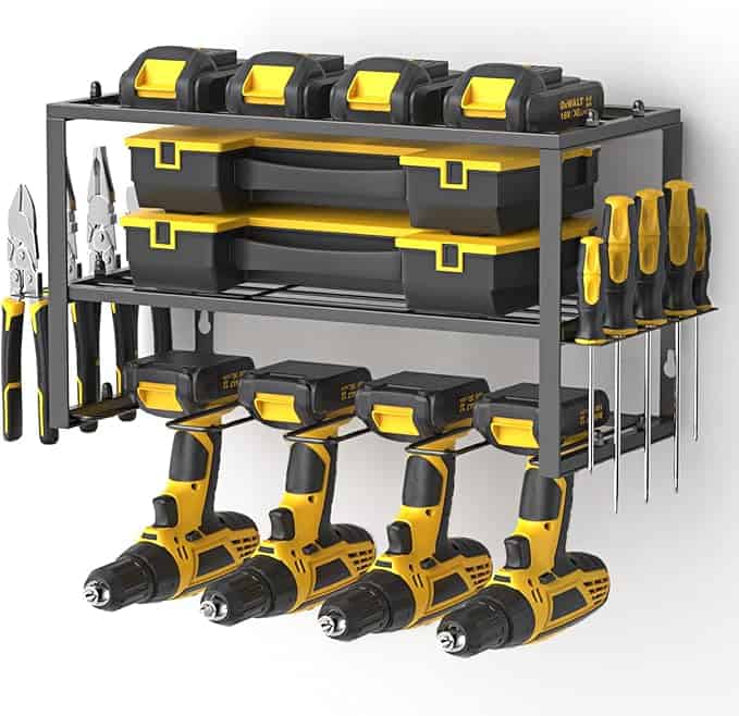 Take advantage of the Friday Deals with this wall-mounted tool organizer. It holds four yellow and black drills, three yellow toolboxes, four batteries, pliers, and various screwdrivers. Tools are neatly arranged for convenient access and storage.