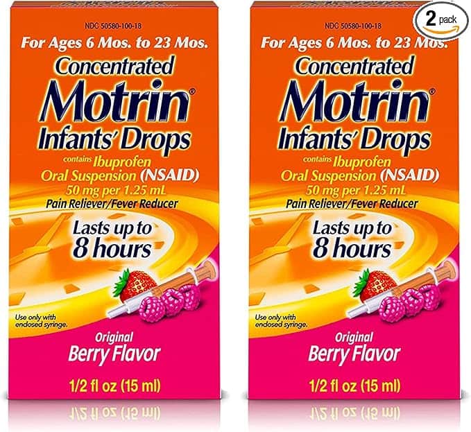 Two boxes of Concentrated Motrin Infants' Drops, Berry Flavor, perfect for Monday Deals. Each 0.5 fl oz (15 ml) box contains ibuprofen for pain relief and fever reduction, effective up to 8 hours. Suitable for ages 6 to 23 months—a convenient two-pack shown.