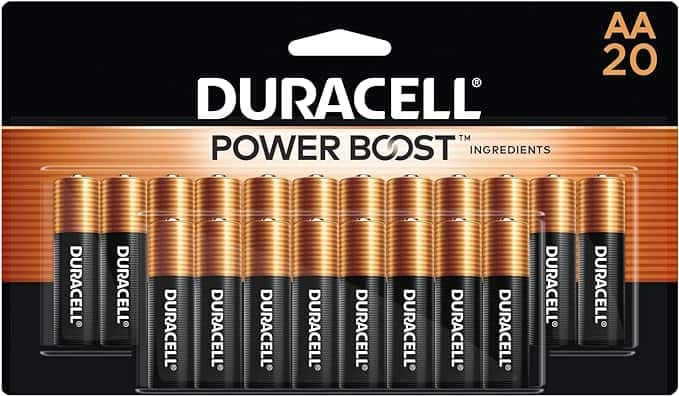 Package of 20 AA Duracell batteries, labeled "Power Boost Ingredients," available in our exclusive Thursday Deals. The batteries are arranged in a single row, featuring a sleek black and copper design with the brand name prominently displayed on the packaging.