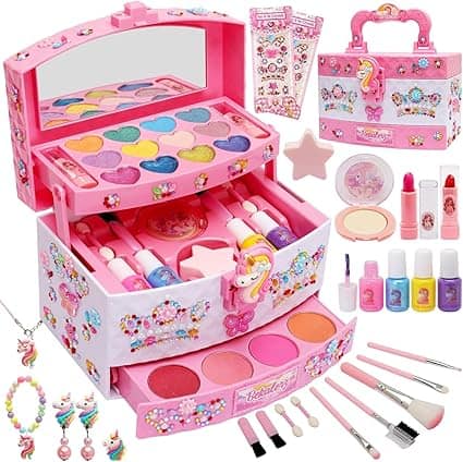 Discover the perfect Wednesday Deals with our bright pink makeup kit for kids! It features heart-shaped eyeshadows, nail polishes, brushes, lip glosses, and a mirror. Decked out in unicorn and star designs, this kit comes with a convenient carrying case and charming accessories.