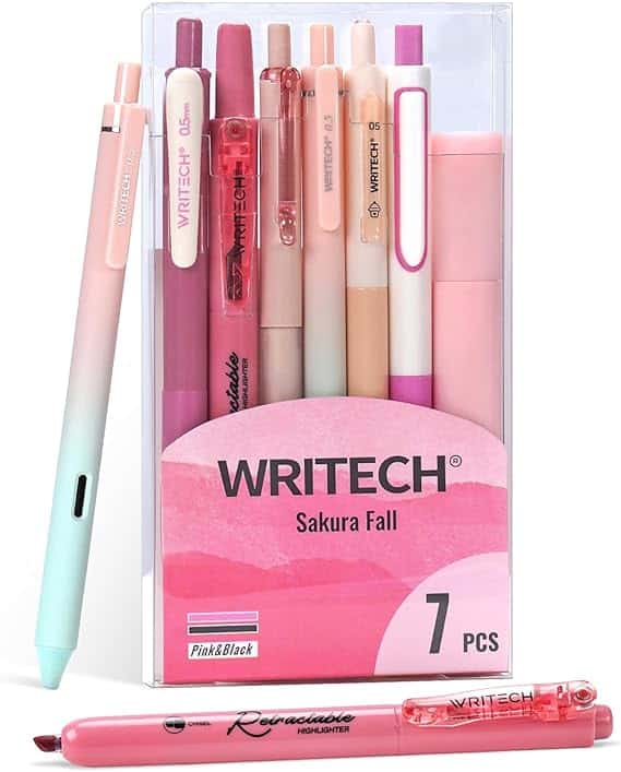 Discover our "WRITECH Sakura Fall" pastel-themed stationery set, now part of the irresistible Tuesday Deals. This set features seven pens in shades of pink, orange, and mint green, including highlighters and gel pens. Immerse yourself in creativity with its elegant pink and white gradient packaging!.