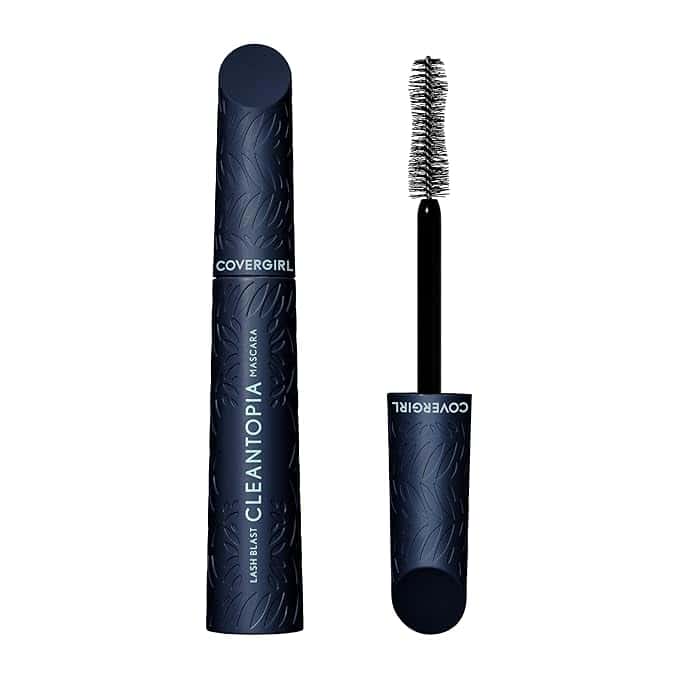 A tube of Covergirl Clean Topia mascara with a blue textured design is shown next to an open wand, showcasing its curved brush. The branding stands out on the tube and cap, perfect for those irresistible Friday Deals.