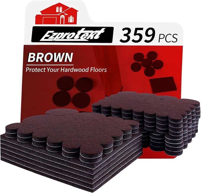 Discover the perfect Friday Deals with Ezprotekt felt pads—359 pieces in soothing brown. These protective pads, some charmingly shaped like flowers, are displayed in stacks to help safeguard your hardwood floors effortlessly.