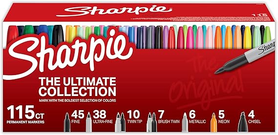 Image of a Sharpie marker set labeled "The Ultimate Collection," featuring 115 permanent markers. Snag amazing Thursday Deals on this vibrant set, which includes fine, ultra-fine, twin tip, brush tip, metallic, neon, and chisel types in an array of colors.