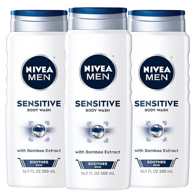 Grab these Wednesday Deals featuring three bottles of Nivea Men Sensitive Body Wash, each with 500 mL. The sleek white bottles with blue and silver accents prominently display "Sensitive" and "with Bamboo Extract," offering a perfect midweek refresh at an irresistible price.