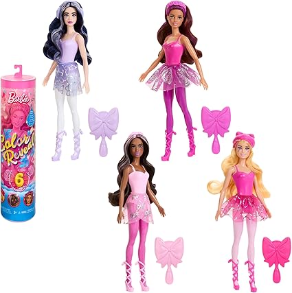 Four fashion dolls with colorful outfits and matching hairbrushes, dressed in pink and purple ballet-inspired costumes. A cylindrical package labeled "Color Reveal" sits to the left, perfect for those looking to score amazing finds in the Monday Deals lineup.