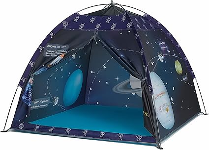 Explore our Monday Deals and spark your child's imagination with a space-themed play tent! This dark blue tent is adorned with illustrations of planets, stars, and constellations like Saturn and Jupiter, featuring educational text about space on the exterior.