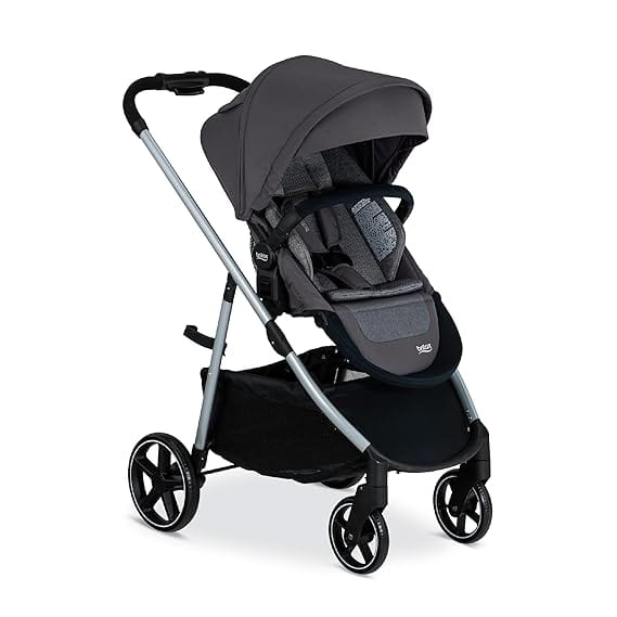 Discover Tuesday Deals on a sleek, black and gray stroller featuring a lightweight aluminum frame and four wheels. It offers an adjustable seat with canopy, a storage basket underneath, and an easy-to-use handlebar for effortless strolling.