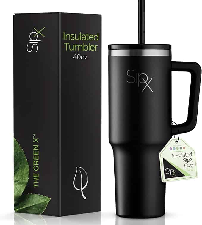 The image showcases a black insulated tumbler with a handle and straw, labeled "SipX," next to a matching box that reads "Insulated Tumbler 40 oz. The Green." A green tag is attached, hinting at exclusive Wednesday Deals that promise unbeatable value and style.