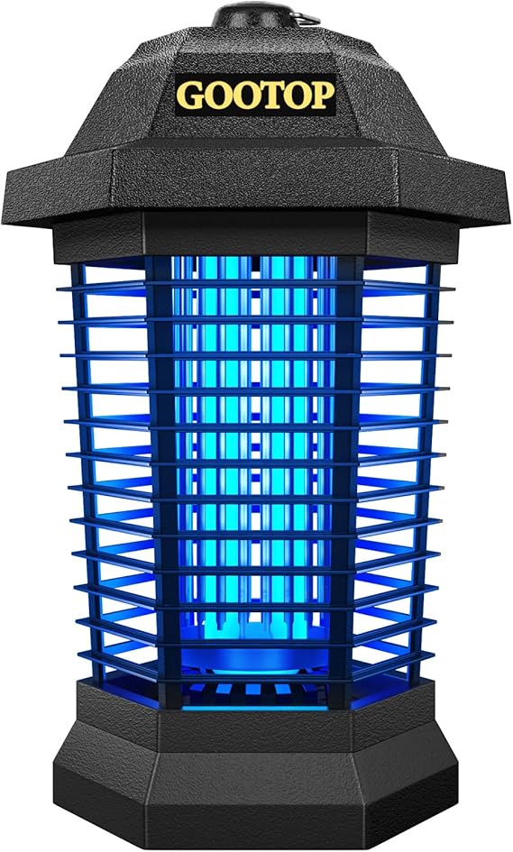 A black electric insect zapper with a glowing blue light inside, perfect for snagging on Friday Deals. The top showcases the word "GOOTOP" in bold yellow lettering. Its sleek design includes a protective grid surrounding the light.