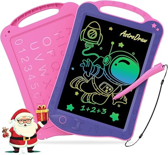 A colorful LCD writing tablet with a stylus features a neon astronaut drawing and the text "1+2+3". The tablet has a pink body with a blue screen border. Next to it, Santa Claus holds a gift. Don't miss Tuesday Deals for exciting discounts on creative tools like this!.