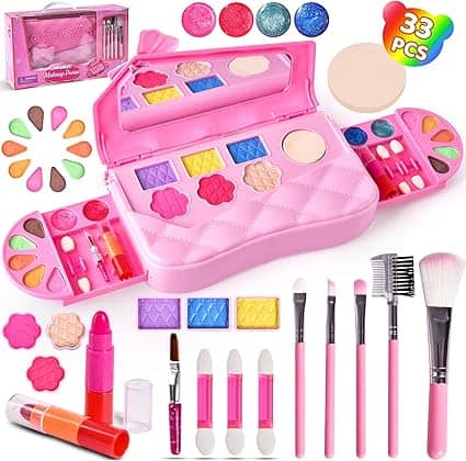 Enjoy Tuesday Deals on this colorful makeup playset, featuring 33 pieces including brushes, lipsticks, blushes, and eyeshadow palettes. The pink quilted case and bright packaging offer various shades perfect for creative and fun pretend play.