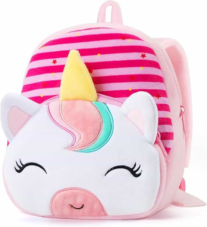 This charming children's backpack, perfect for Thursday Deals, is shaped like a unicorn's face. It boasts a yellow horn, white ears, and a multicolored mane. With pink and red stripes adorned with small yellow stars, its smiling face and closed eyes make it truly enchanting.