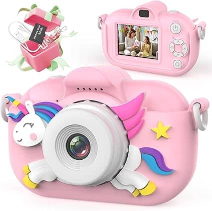 This adorable pink children's camera boasts a charming unicorn design, complete with a lens and buttons. The back screen displays photos, while stars and rainbow colors adorn the front. Packaged in a pink gift box with charging cable and accessories, it's perfect for Monday Deals!.