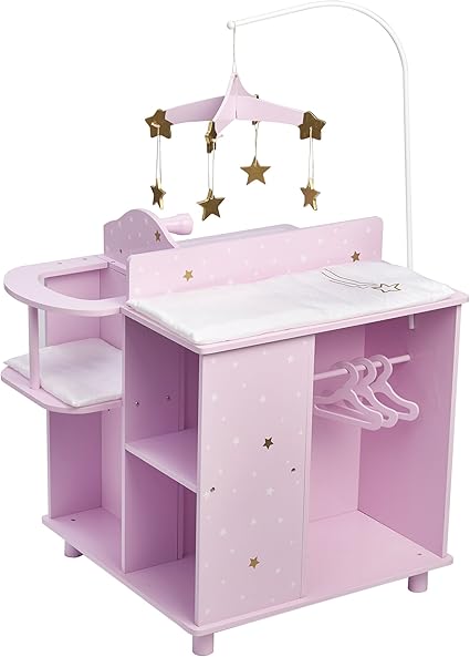 Discover the perfect Wednesday Deals on a pink toy nursery set, featuring a changing station, star-decorated mobile, and built-in sink. With shelves, a rod with hangers, and a charming star pattern, this set promises endless fun.