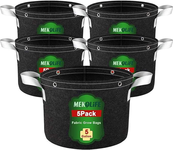 Five black fabric grow bags with handles, each labeled "MEKOLIFE 5 Pack, 5 Gallon," are showcased in a neat group. Perfect for Monday Deals, these bags highlight their labels and sturdy handles, promising durability and convenience for your gardening needs.