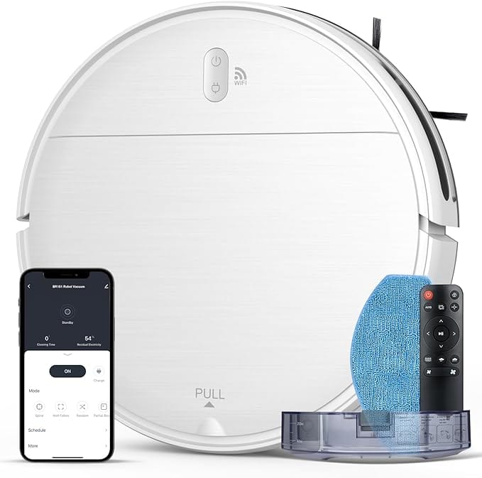 A white robotic vacuum cleaner comes with a sleek black remote control, a detachable dustbin, and a blue cleaning pad. The smartphone screen displays the vacuum's control app interface for managing settings and scheduling. Don't miss out on Friday Deals to snag this smart cleaning companion!.