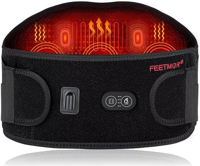 A black heating pad with an adjustable strap is shown glowing red with heat indicators. It features control buttons on the front for settings and adjustment, alongside the brand name "Feetmor," exclusively highlighted in this week's Tuesday Deals.