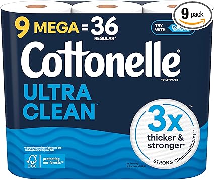 Image of a Cottonelle Ultra Clean toilet paper package, showcased as part of Wednesday Deals. This 9-pack of mega rolls equals 36 regular rolls. The text highlights "3x thicker & stronger," and the packaging features a blue and white color scheme with an FSC certification logo.