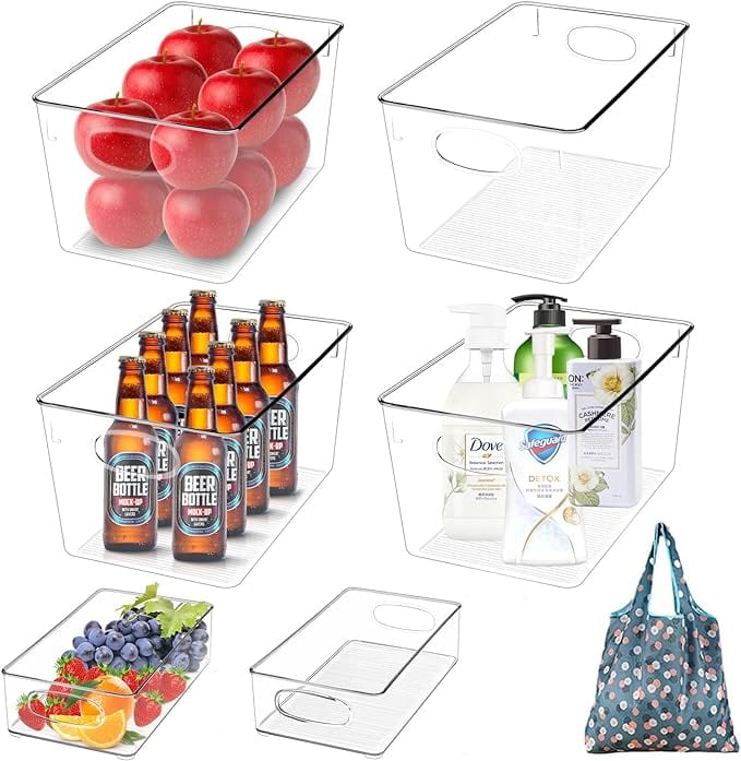 A collection of transparent storage bins containing red apples, beer bottles, toiletries, and mixed fruits is showcased for Monday Deals. An empty bin is also shown. A reusable shopping bag with a pattern sits at the bottom right, ready to carry your selections home.