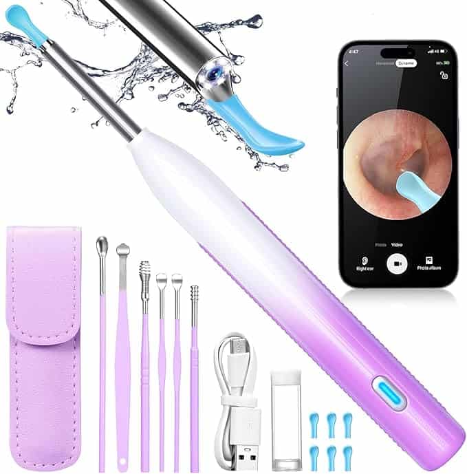 A wireless ear cleaning endoscope with a light attached, showcased alongside various cleaning tips, a pink case, a USB cable, and a smartphone displaying an ear image. Water splashes around the waterproof endoscope tip. Perfect for Tuesday Deals!.