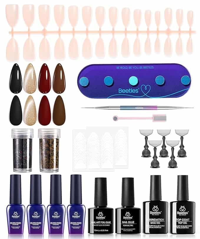 Discover our exclusive Tuesday Deals with this comprehensive nail kit featuring various nail polish bottles, faux nails, adhesive, and manicure tools. It includes a colorful storage case, practice fingers, and decorative embellishments for stunning nail art.