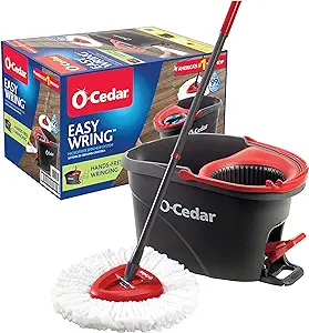 The O-Cedar EasyWring spin mop system, perfect for Friday Deals, includes a black bucket, red pedal, and white mop head. The box packaging in the background showcases product branding and images.