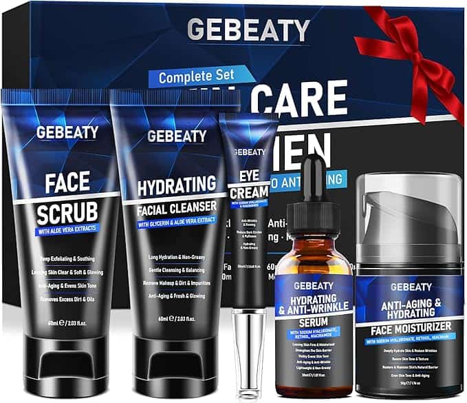 Discover the ultimate men's skincare set by Gebeaty, perfect for Wednesday Deals. This set features a face scrub, hydrating facial cleanser, eye cream, anti-aging serum, and moisturizer. The sleek blue and black packaging highlights aloe vera benefits and product details.