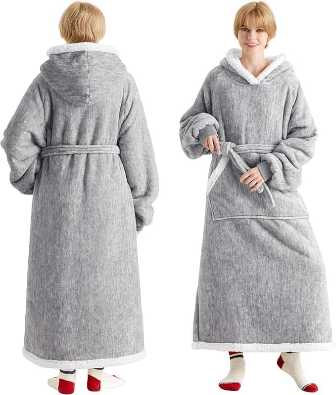 A person models a cozy, gray hooded snuggle robe with white lining, belted at the waist. Showcasing both front and back views, they wear red and white socks against a crisp white background—perfect for Tuesday Deals!.