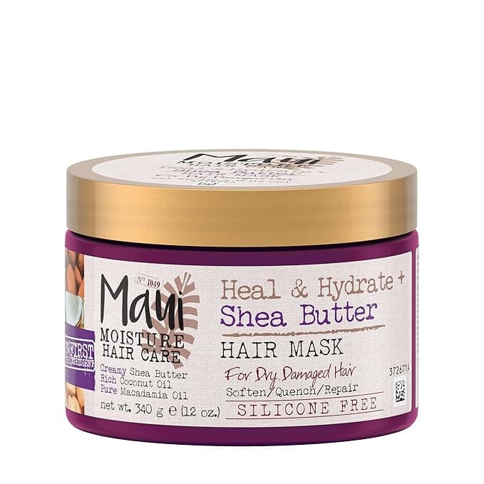 A jar of Maui Moisture Hair Care Heal & Hydrate + Shea Butter Hair Mask is part of our exclusive Wednesday Deals. The label highlights its silicone-free formula for dry, damaged hair with creamy shea butter, rich coconut oil, and pure macadamia oil. Net weight: 340g (12oz).