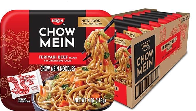 A package of Nissin Chow Mein Teriyaki Beef flavor noodles is shown as part of the enticing Monday Deals. The red and orange packaging features noodles with vegetables and beef on chopsticks. To the right, multiple noodle packs are visible in an open box, waiting to elevate your weeknight dinner.