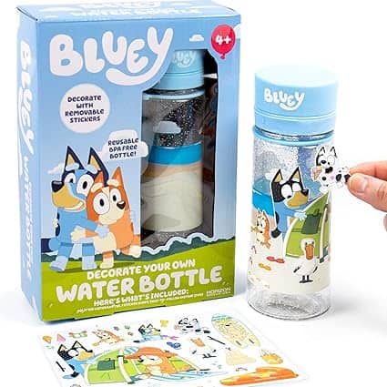 Discover Wednesday Deals with the Bluey-themed water bottle set for ages 4 and up. This kit includes a clear, reusable BPA-free bottle with a blue lid and removable stickers of Bluey characters for decoration. The packaging showcases an image of the bottle and sticker sheets.