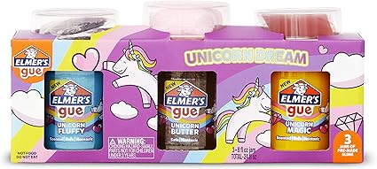 Box of Elmer's Gue slime with three jars: Unicorn Fluffy in blue, Unicorn Butter in brown, and Unicorn Magic in yellow. The packaging features unicorns and vibrant designs under the "Unicorn Dream" label—perfect for Thursday Deals enthusiasts seeking a magical bargain.