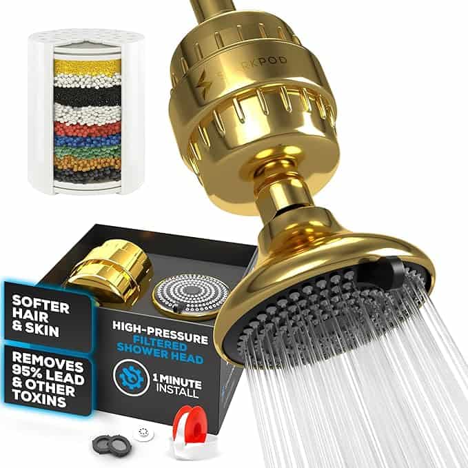 Discover a gold high-pressure filtered showerhead offering a soothing stream of water. Perfect for Monday Deals, it features benefits like softer hair and skin, 95% lead and toxin removal, and easy 1-minute installation. Includes filter cartridge and installation tools for your convenience.