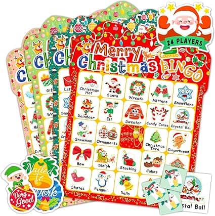 Colorful Christmas bingo game set for 24 players, perfect for Monday Deals. Includes festive-themed bingo cards featuring images like Santa, reindeer, and snowmen. Additional stickers and calling cards are included. Bright, holiday-themed design with red, green, and gold colors.