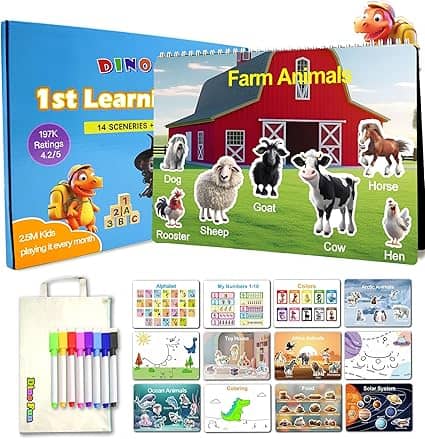 Discover our children's educational toy set, perfect for Friday Deals! Featuring interactive books on farm animals and learning topics like the alphabet, numbers, and colors. This set includes vibrant markers and a handy carrying case, all with a cheerful cartoon dinosaur mascot on the packaging.