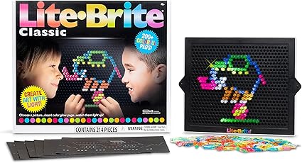 A Lite-Brite Classic toy set with a child’s face on the box. It includes a perforated black screen showing a colorful image of a bird made with pegs. The set contains 214 pieces and promotes creating art with light. Don't miss the chance to grab this treasure on Monday Deals!.