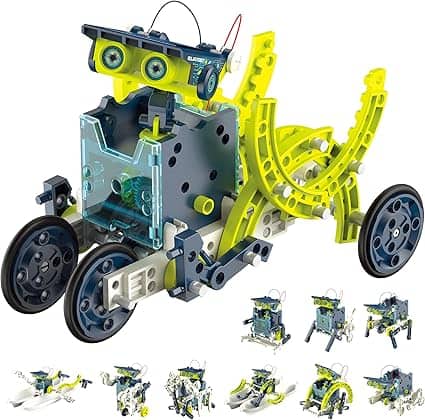 Discover our vibrant robot-building kit, perfect for sparking creativity. It features a primary robot on wheels with a face-like head, along with images of nine other variations you can craft. Don't miss out on exclusive Monday Deals to bring this imaginative set home at a fantastic price!.