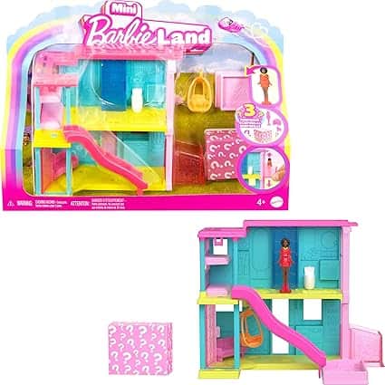 Discover the mini Barbie Land toy set, perfect for little imaginations. It features a pink and blue dollhouse along with a yellow and pink slide, swing, and a tiny doll. Ideal for ages 4 and up, it's an exciting addition to your Thursday Deals this week!.