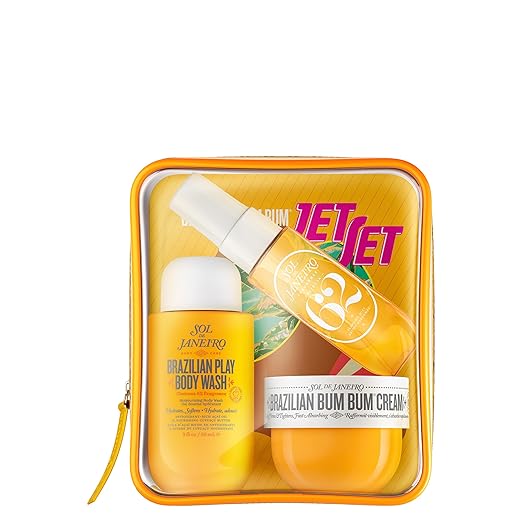 Discover Friday Deals on a travel set of Sol de Janeiro products, featuring Brazilian Play Body Wash, Brazilian Crush body fragrance, and the iconic Brazilian Bum Bum Cream, all nestled in a zippered clear case with a vibrant background.