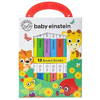 A pack of 12 Baby Einstein board books with a colorful, illustrated cover featuring animals and flowers is perfect for young minds. Ideal for Thursday Deals, these themed books on shapes, animals, and colors come with a convenient red handle for easy carrying.