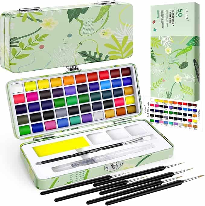 Displayed is a watercolor paint set with 50 vibrant colors. It includes brushes, a paint palette, and a color chart, all housed in a green floral-patterned metal case. Don't miss out on the Tuesday Deals to get this artist's dream package at an unbeatable price!.