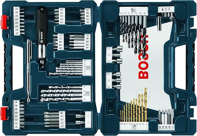 An open tool case showcasing a variety of drill bits and screwdriver heads, including metal and wood options, is featured in our Thursday Deals. The dark blue case has compartments for each tool, with the brand "Bosch" prominently displayed in red letters on the inside cover.