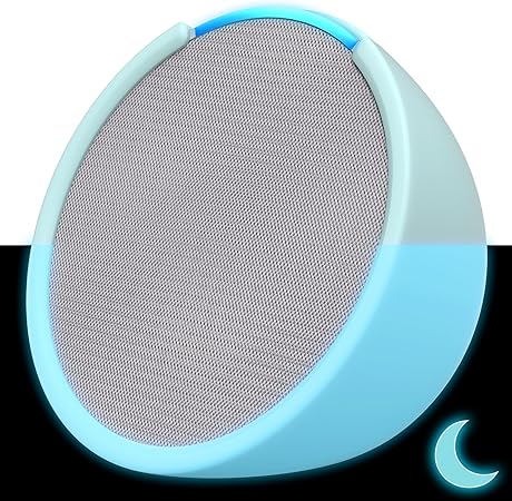 A futuristic, round speaker with a blue gradient design, featuring a mesh front. The top glows with a blue light while a crescent moon symbol illuminates the bottom right corner against a black background. Don't miss out on exclusive Wednesday Deals for this stylish tech marvel!.