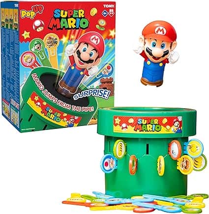 The "Pop Up Super Mario" toy set by Tomy is perfect for Thursday Deals. It features a green pipe surrounded by colorful character disks and a Mario figure that springs out. The packaging displays the same vibrant, game-themed graphics.