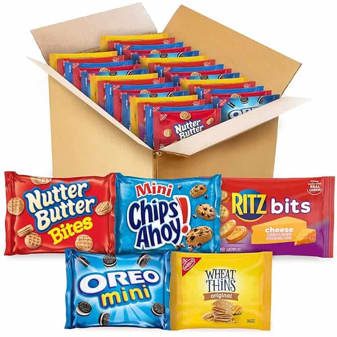 An open cardboard box showcasing various snack packs is enticingly displayed as part of our Thursday Deals. The packs include Nutter Butter Bites, Mini Chips Ahoy!, Ritz Bits, Oreo Mini, and Wheat Thins, each boasting its own distinct and colorful packaging.