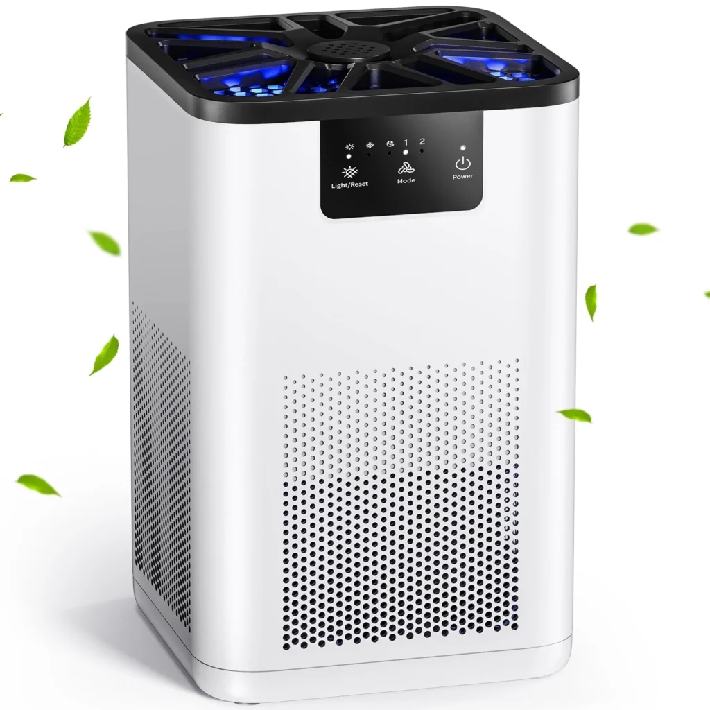 A sleek white air purifier with a digital control panel is shown. It features a black top with blue lights and a perforated design at the bottom. Green leaves float around, suggesting freshness and air purification—perfect for those irresistible Friday Deals you won't want to miss.